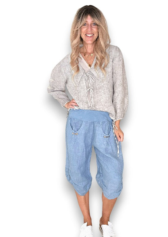 Helga May: Linen Capri Pants - Petrol