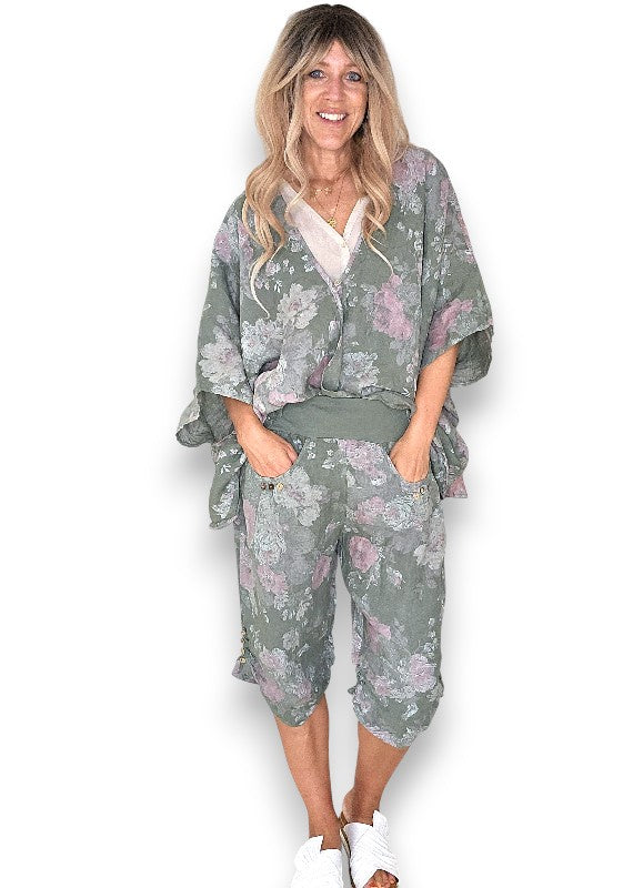 Helga May: Scarlett Rose Linen Capri Pants - Forest