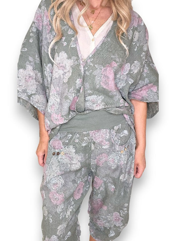 Helga May: Scarlett Rose Linen Capri Pants - Forest