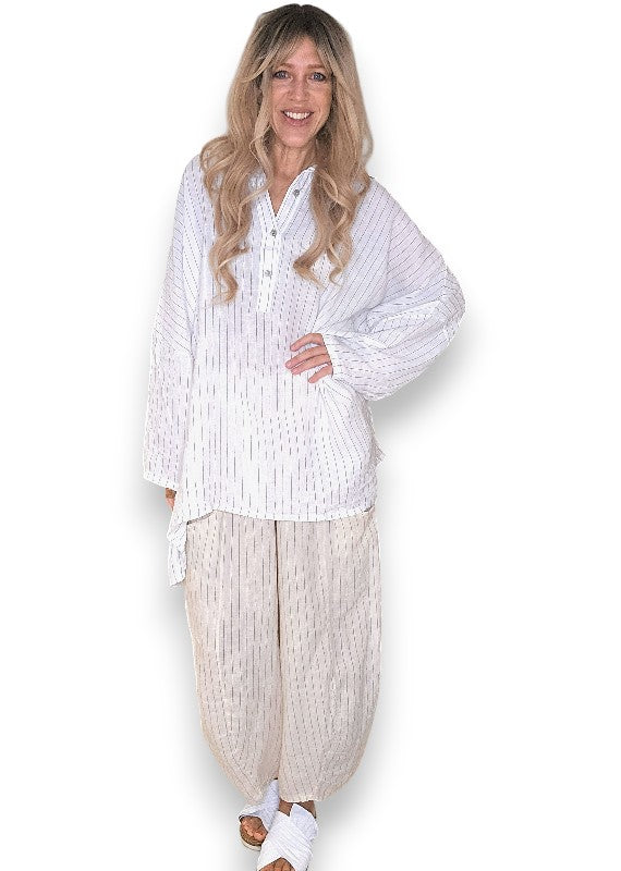 Helga May: Coastal Linen Tunic Shirt - White Pinstripe
