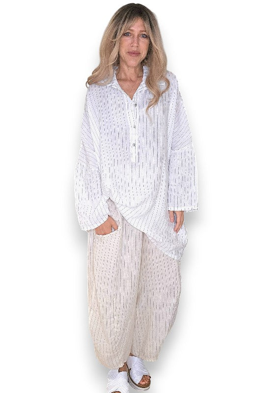 Helga May: Coastal Linen Tunic Shirt - White Pinstripe