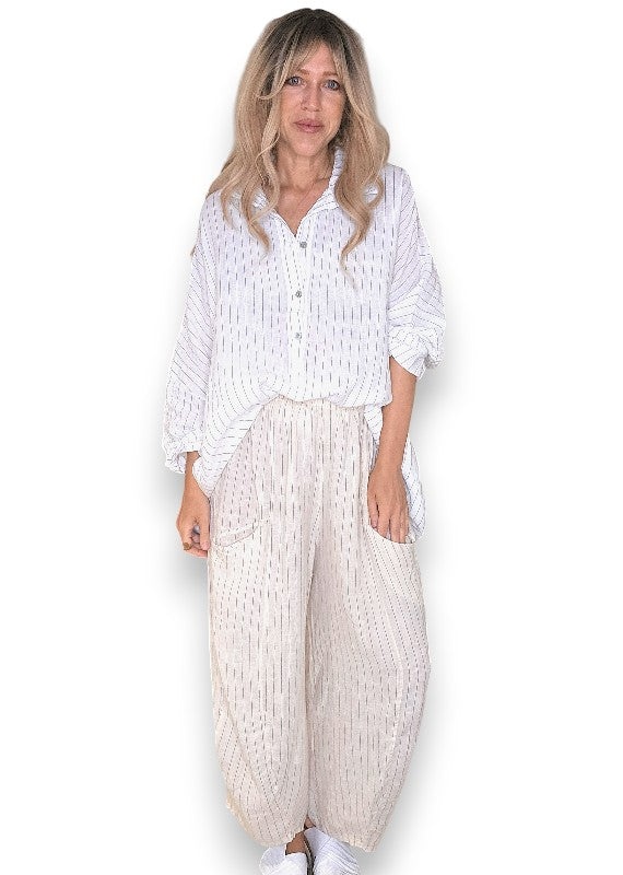 Helga May: Coastal Linen Tunic Shirt - White Pinstripe