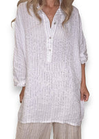 Helga May: Coastal Linen Tunic Shirt - White Pinstripe