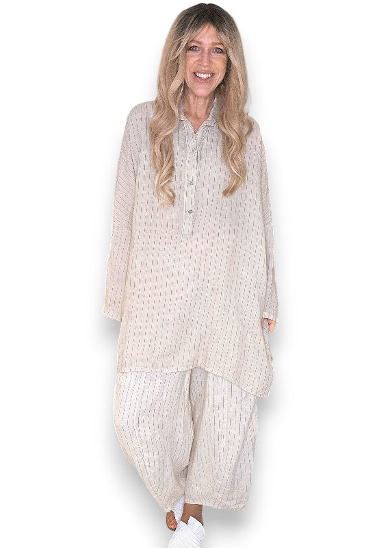 Helga May: Coastal Linen Tunic Shirt - Beige Pinstripe