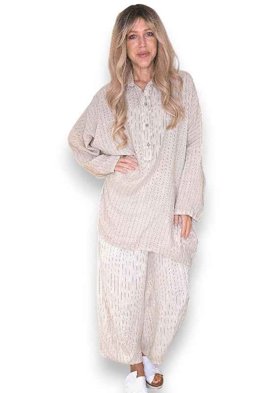 Helga May: Coastal Linen Tunic Shirt - Beige Pinstripe