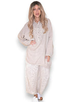 Helga May: Coastal Linen Tunic Shirt - Beige Pinstripe