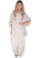 Helga May: Coastal Linen Tunic Shirt - Beige Pinstripe