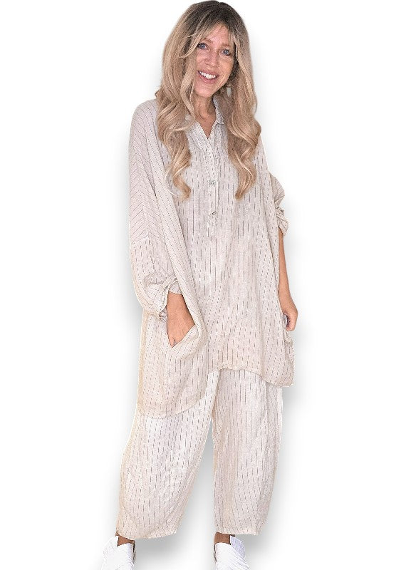 Helga May: Coastal Linen Tunic Shirt - Beige Pinstripe