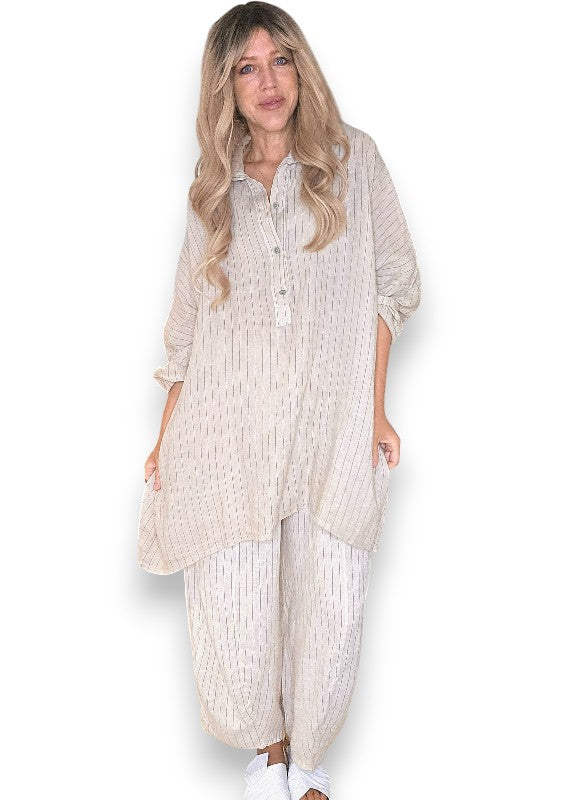 Helga May: Coastal Linen Tunic Shirt - Beige Pinstripe