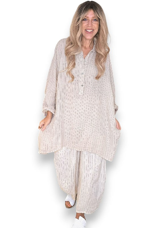 Helga May: Coastal Linen Tunic Shirt - Beige Pinstripe