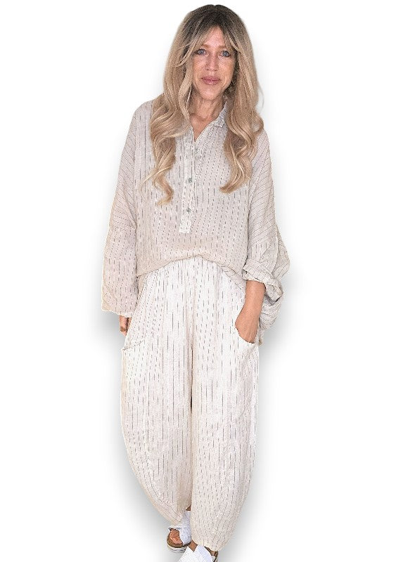 Helga May: Coastal Linen Tunic Shirt - Beige Pinstripe
