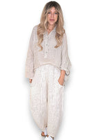 Helga May: Coastal Linen Tunic Shirt - Beige Pinstripe