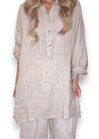 Helga May: Coastal Linen Tunic Shirt - Beige Pinstripe