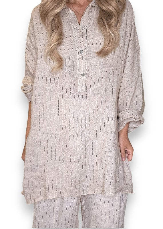 Helga May: Coastal Linen Tunic Shirt - Beige Pinstripe