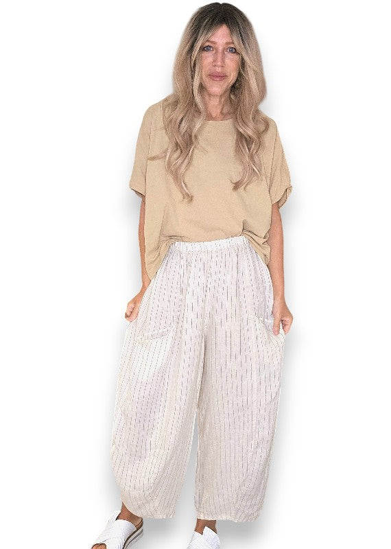 Helga May: Barrel Linen Pants - Vanilla Pinstripe