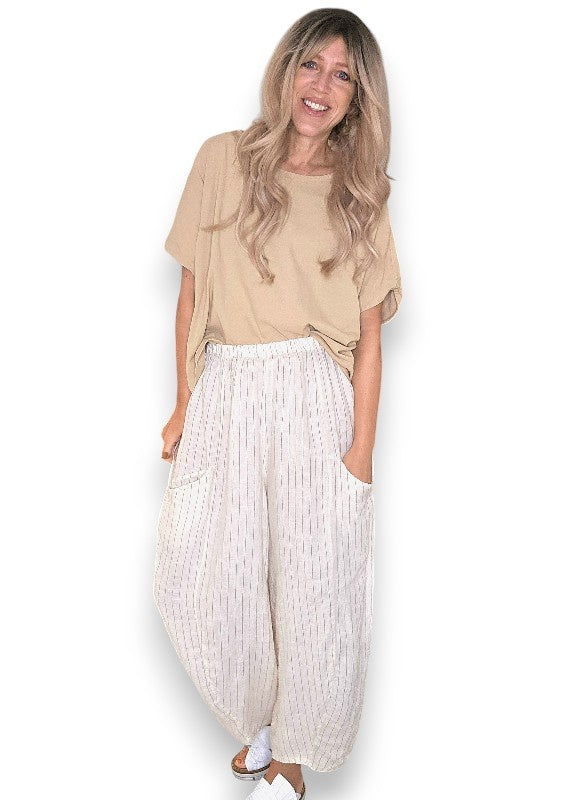 Helga May: Barrel Linen Pants - Vanilla Pinstripe