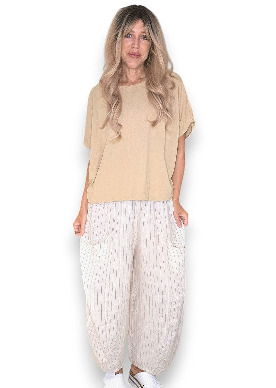 Helga May: Barrel Linen Pants - Vanilla Pinstripe