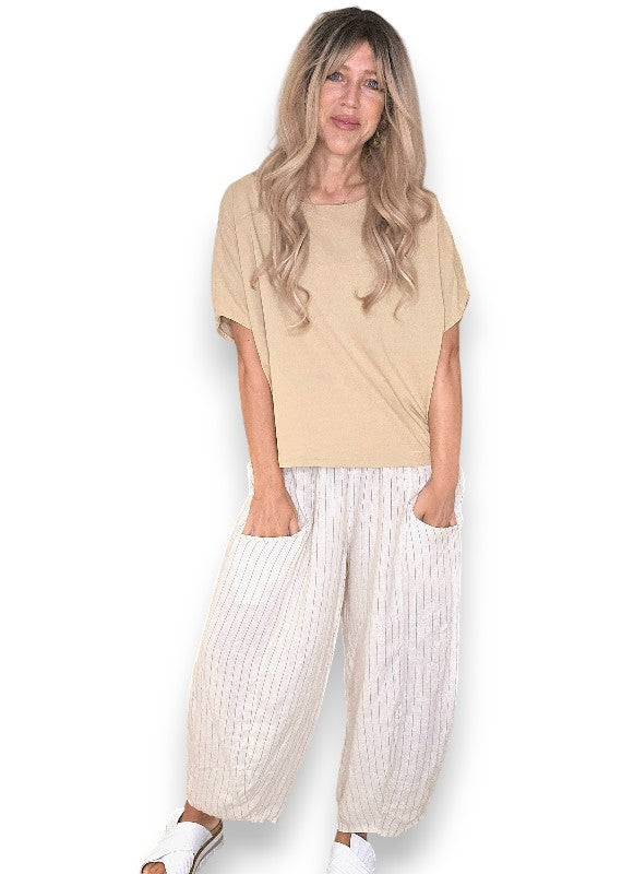 Helga May: Barrel Linen Pants - Vanilla Pinstripe