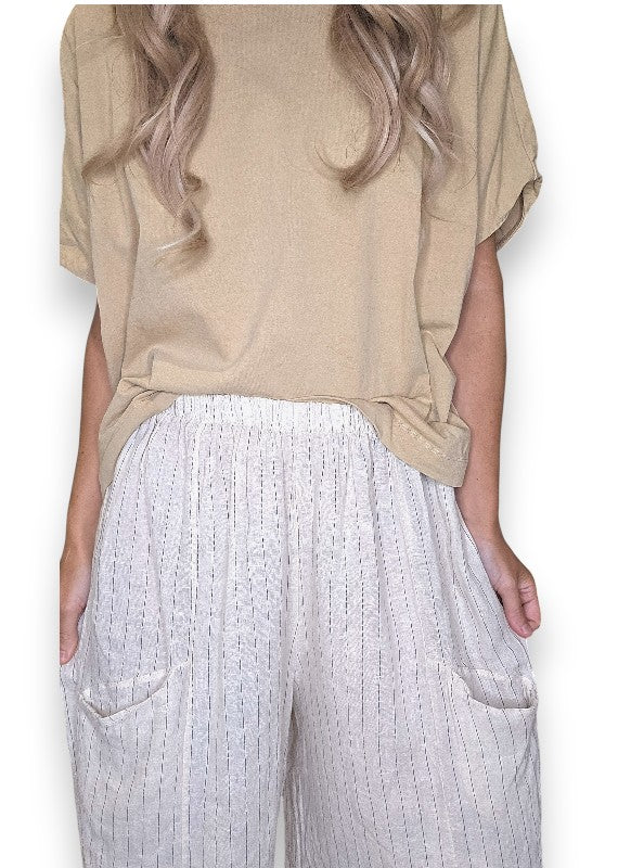 Helga May: Barrel Linen Pants - Vanilla Pinstripe