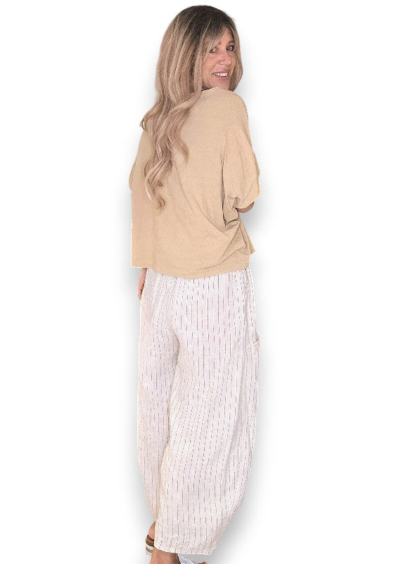 Helga May: Barrel Linen Pants - Vanilla Pinstripe