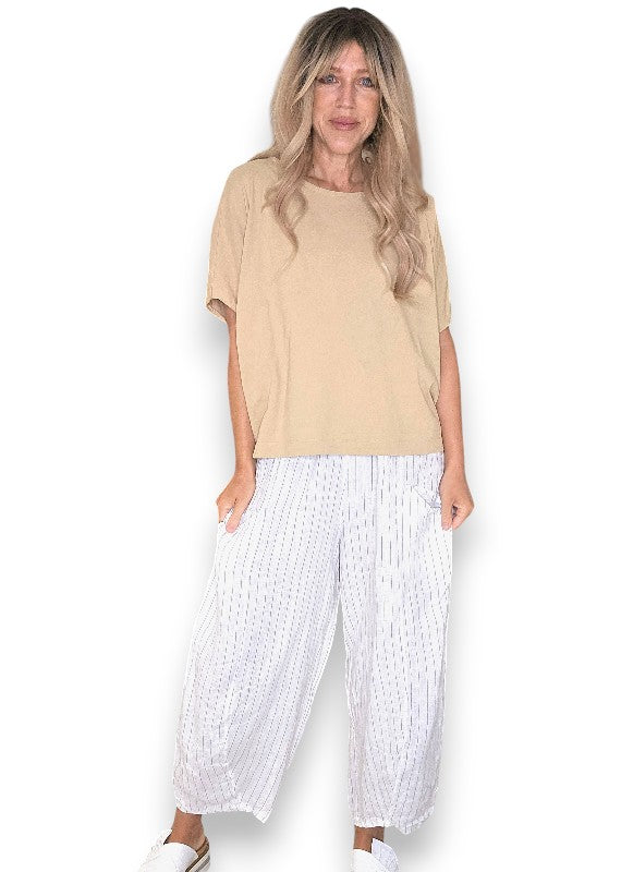 Helga May: Barrel Linen Pants - White Pinstripe