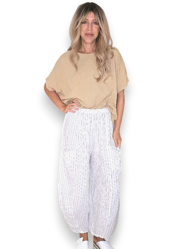 Helga May: Barrel Linen Pants - White Pinstripe
