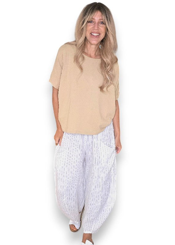 Helga May: Barrel Linen Pants - White Pinstripe