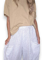 Helga May: Barrel Linen Pants - White Pinstripe