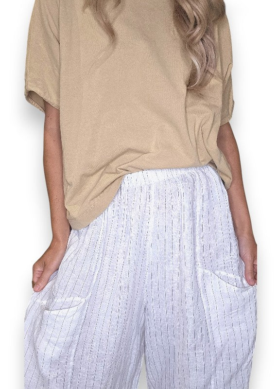 Helga May: Barrel Linen Pants - White Pinstripe