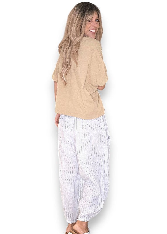 Helga May: Barrel Linen Pants - White Pinstripe