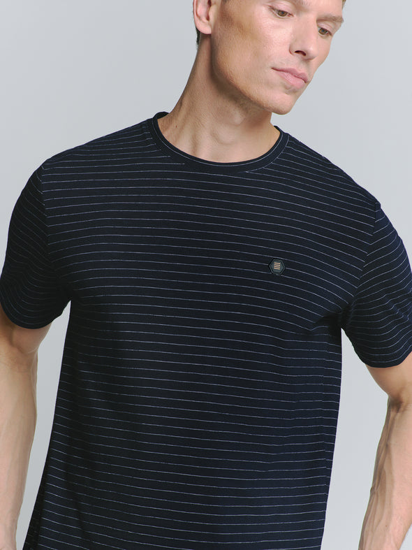 No Excess Crew Tee: Pin Stripe - Deep Blue