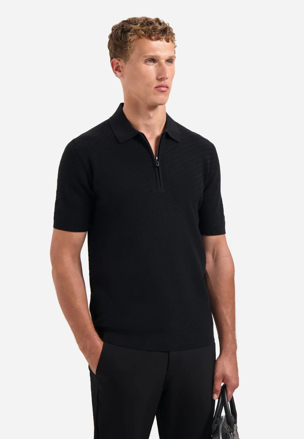 No Excess Jacquard Zip Polo - Black