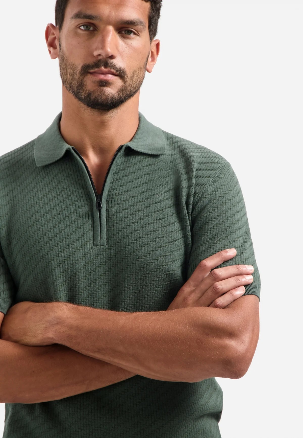 No Excess Jacquard Zip Polo - Dark Green