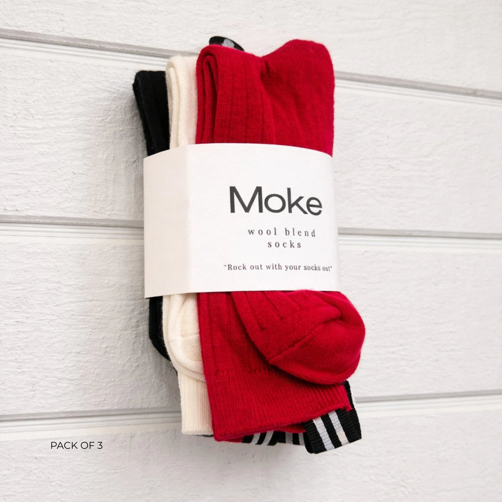 Moke: Lily Wool Blend Socks - Black/ Cream/ Cherry Tomato