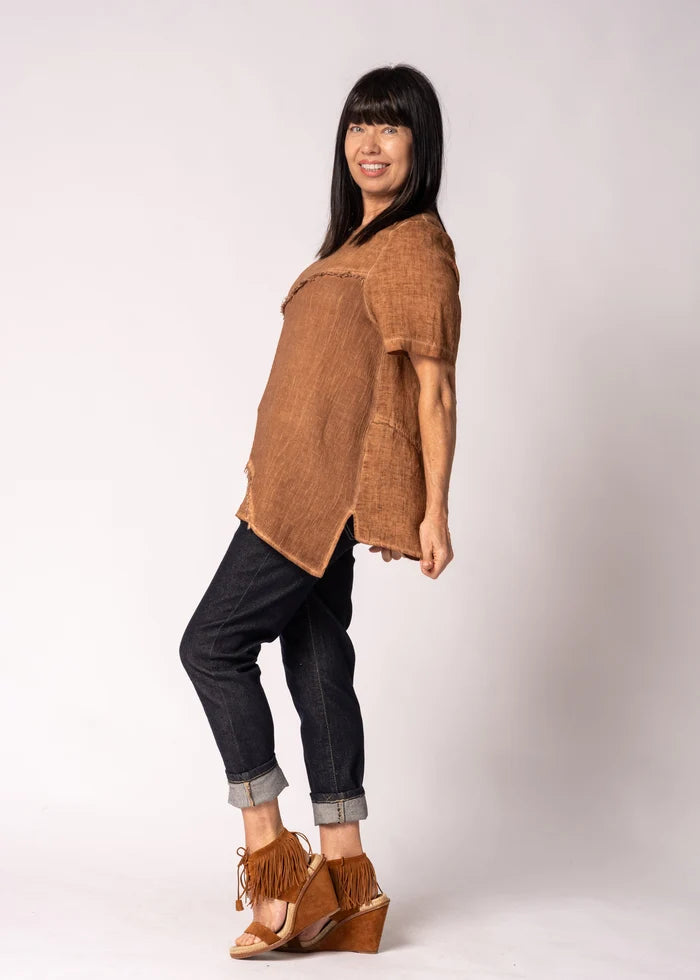 Valoria Linen Top in Burnt Toffee