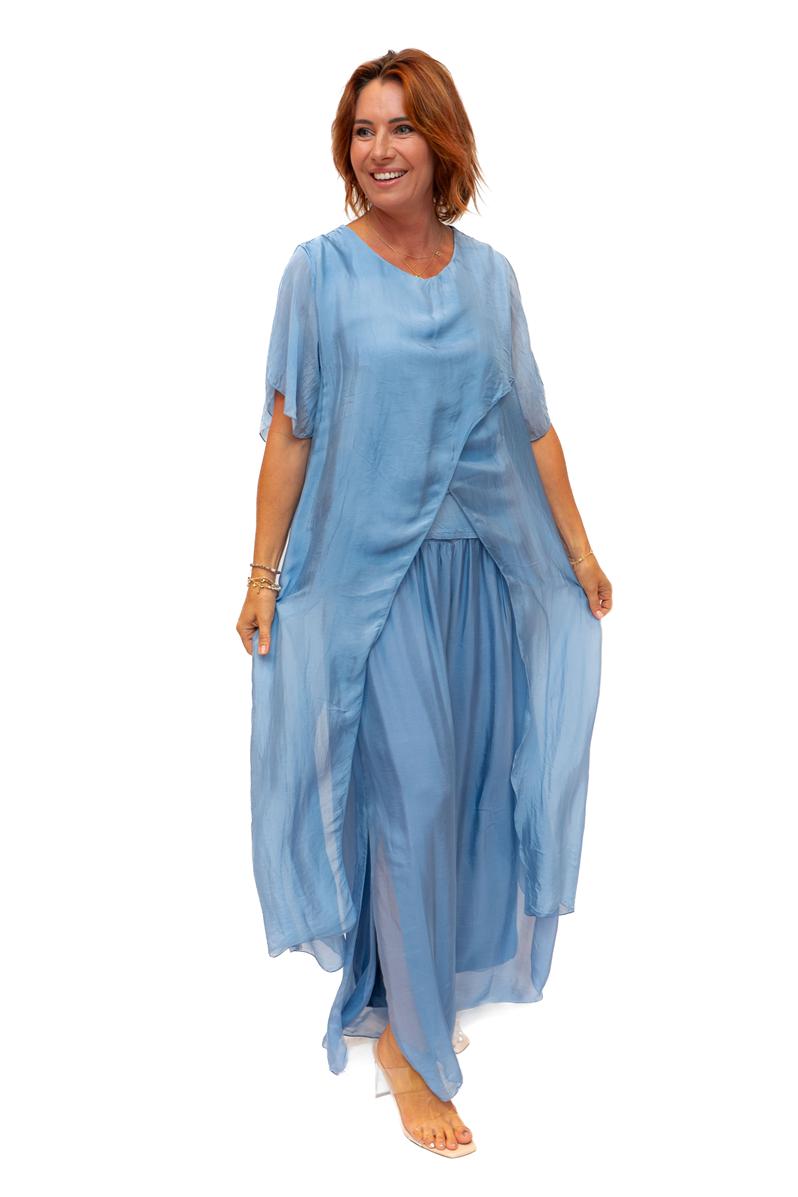 The Italian Closet: Avida Split Silk Top - Denim Blue