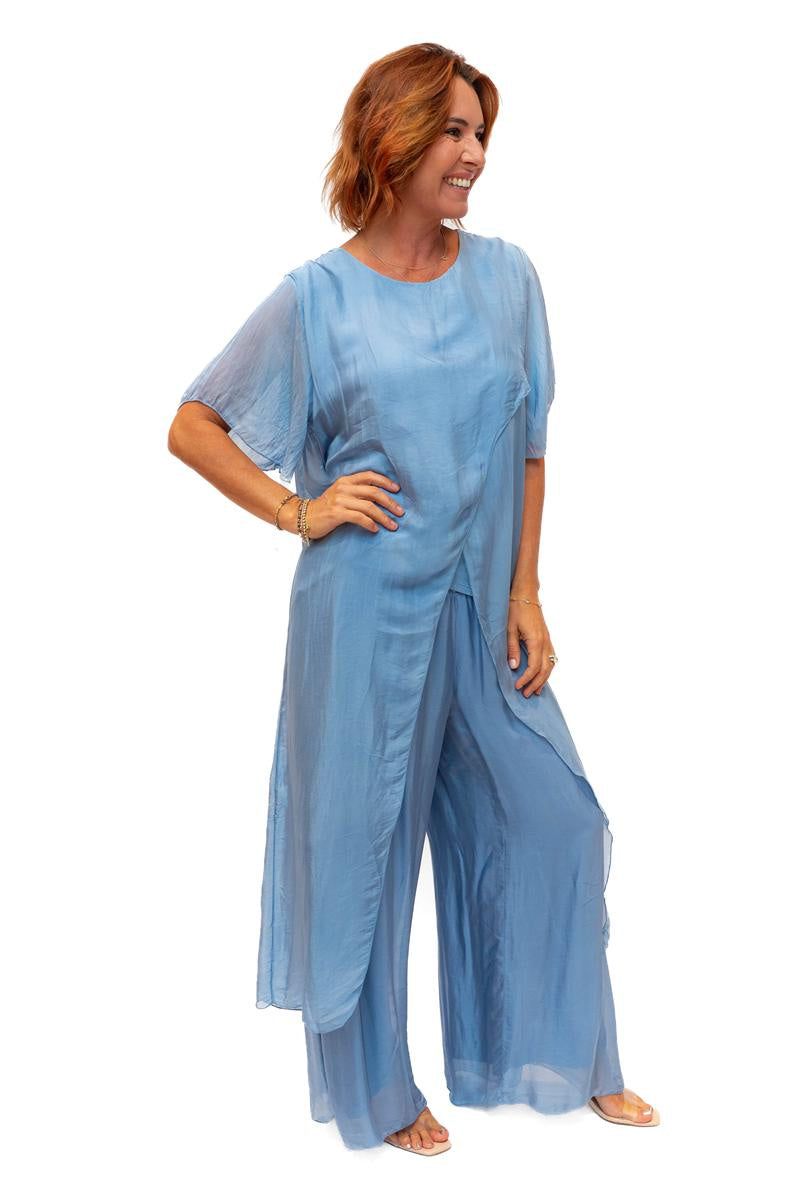 The Italian Closet: Avida Split Silk Top - Denim Blue