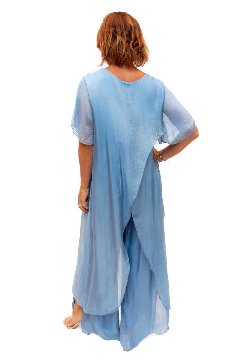 The Italian Closet: Avida Split Silk Top - Denim Blue