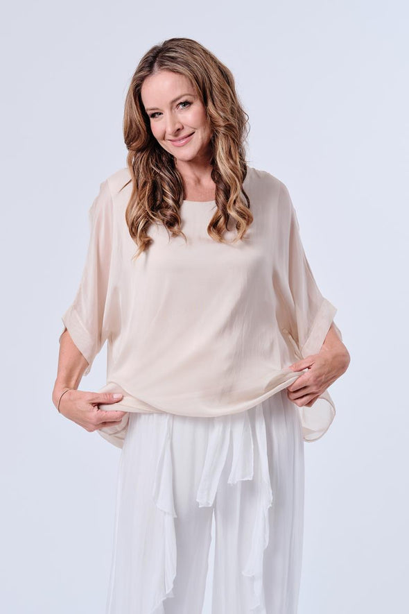 The Italian Closet: Bowtiful Silk batwing with bow back - Beige