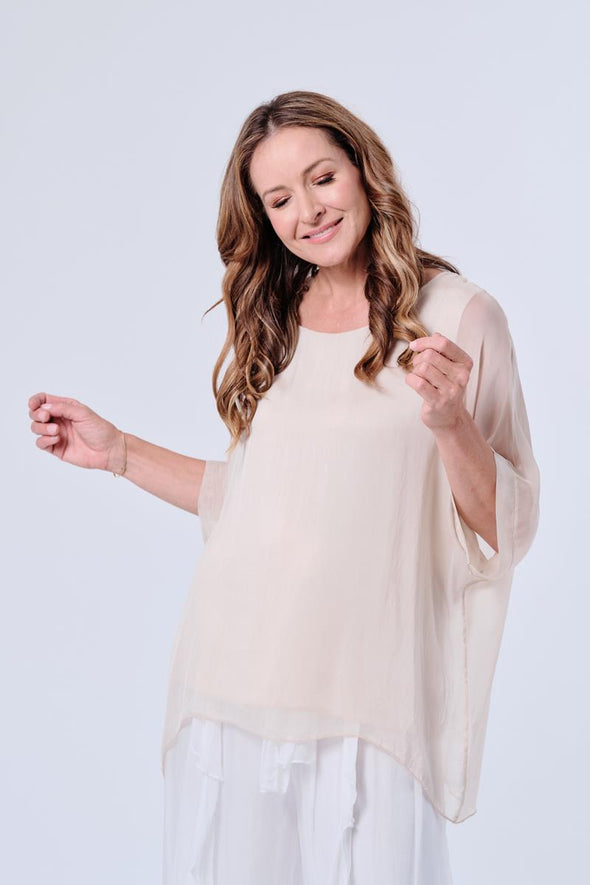 The Italian Closet: Bowtiful Silk batwing with bow back - Beige