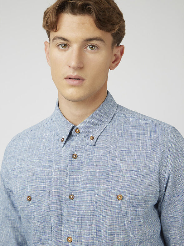 Ben Sherman Long Sleeve Shirt: Textured Blue Denim
