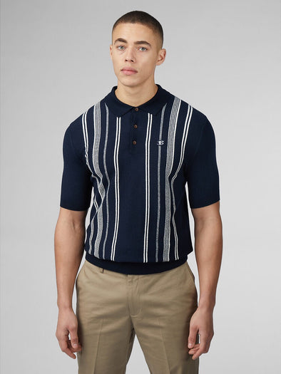 Ben Sherman Crinkle Cotton Polo - Stripe Dark Navy