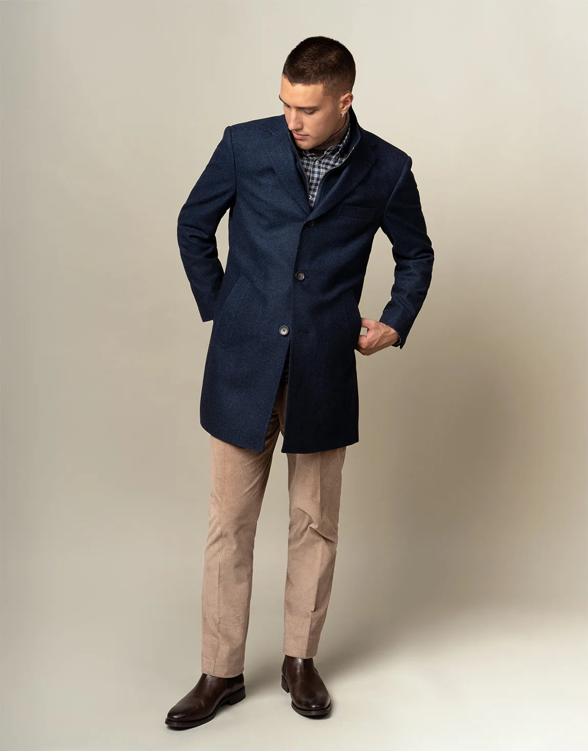 Compton Herringbone Overcoat - Navy