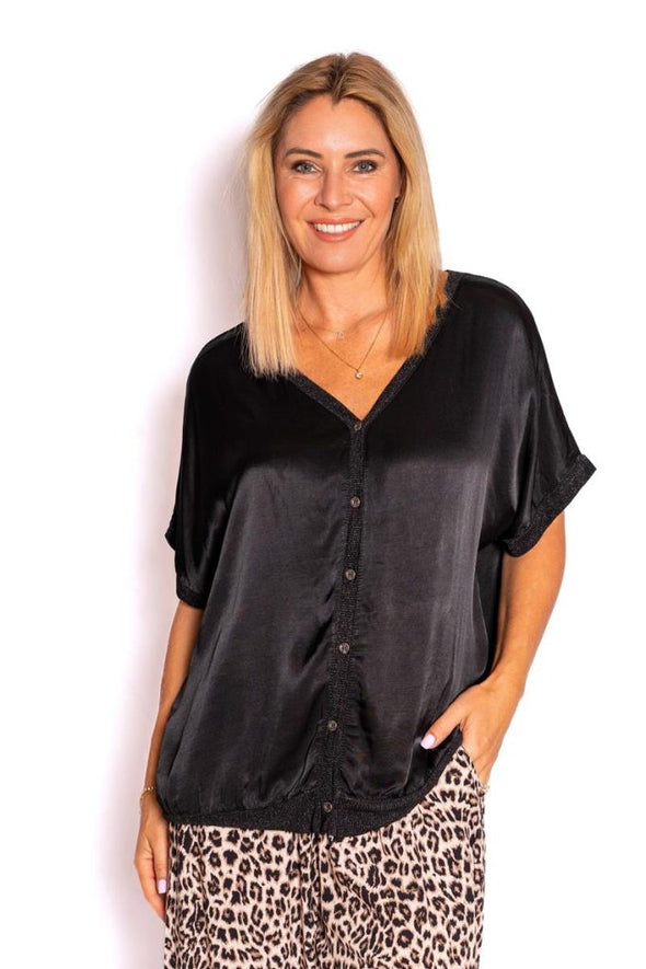 The Italian Closet: Blythe Silky Glitter Trim Top - Black