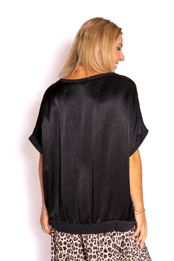 The Italian Closet: Blythe Silky Glitter Trim Top - Black