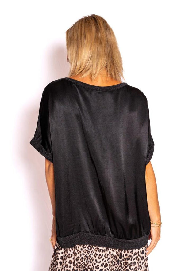 The Italian Closet: Blythe Silky Glitter Trim Top - Black