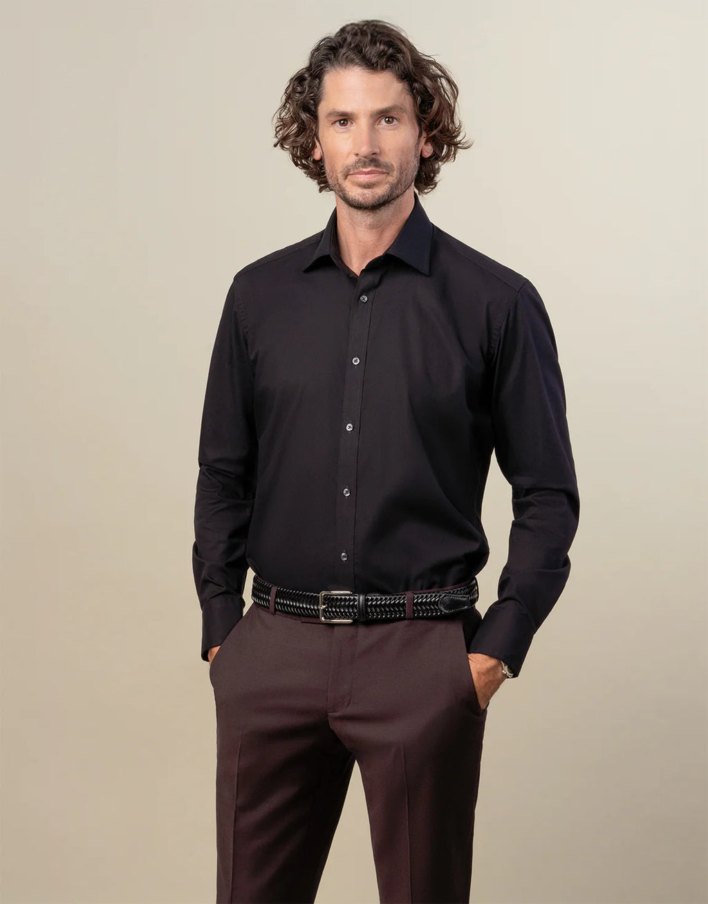 London Long Sleeve Shirt: Plain Poplin - Black