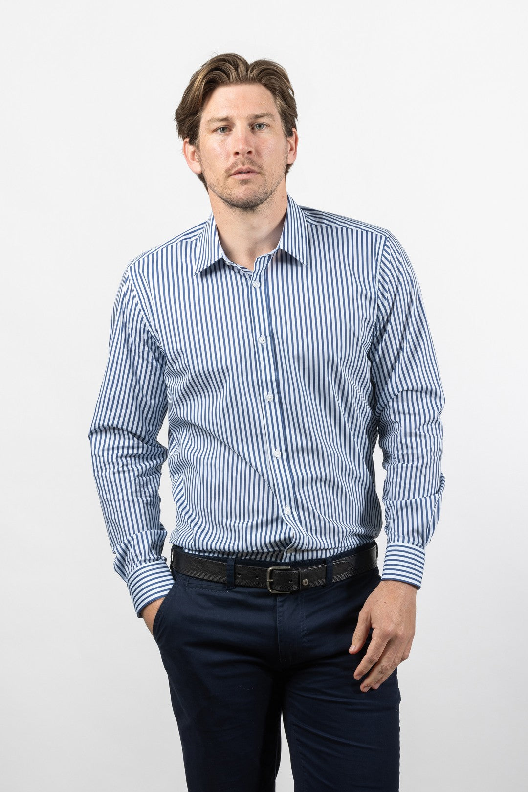 Cutler & Co Blake Long Sleeved Shirt: Stripe - French Navy
