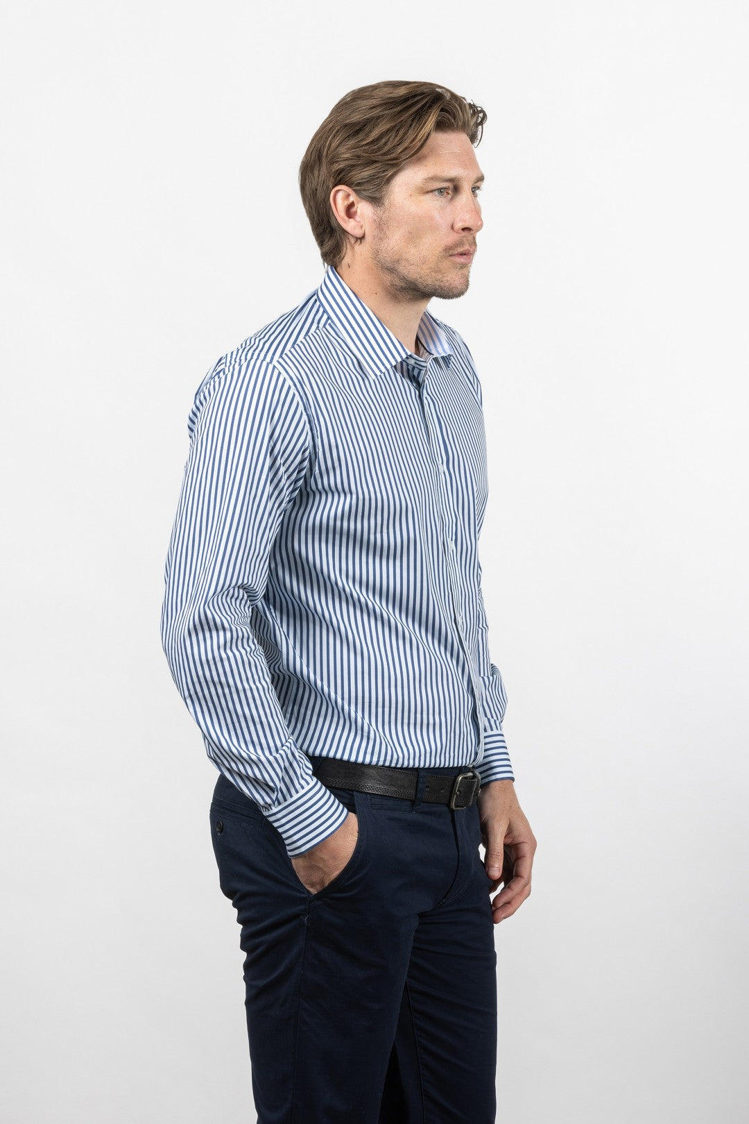 Cutler & Co Blake Long Sleeved Shirt: Stripe - French Navy