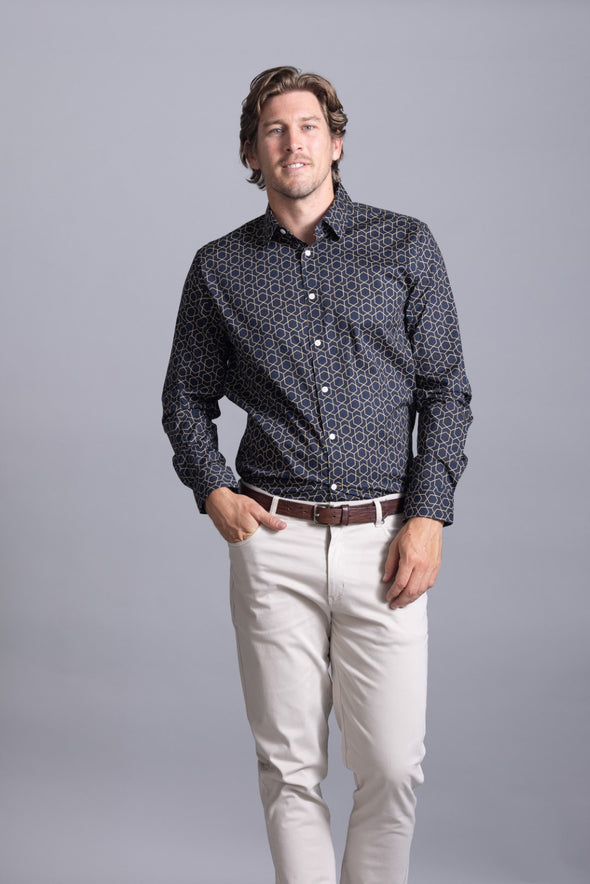 Cutler & Co Blake Long Sleeved Shirt: Art Deco Geo - Thunderstorm